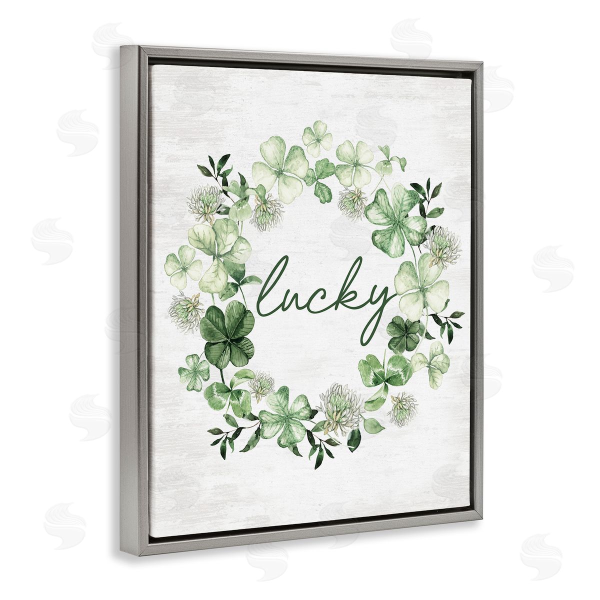 Lettered and Lined Lucky Clovers Botanical Wreath Gray Floating Frame Canvas Art Print
