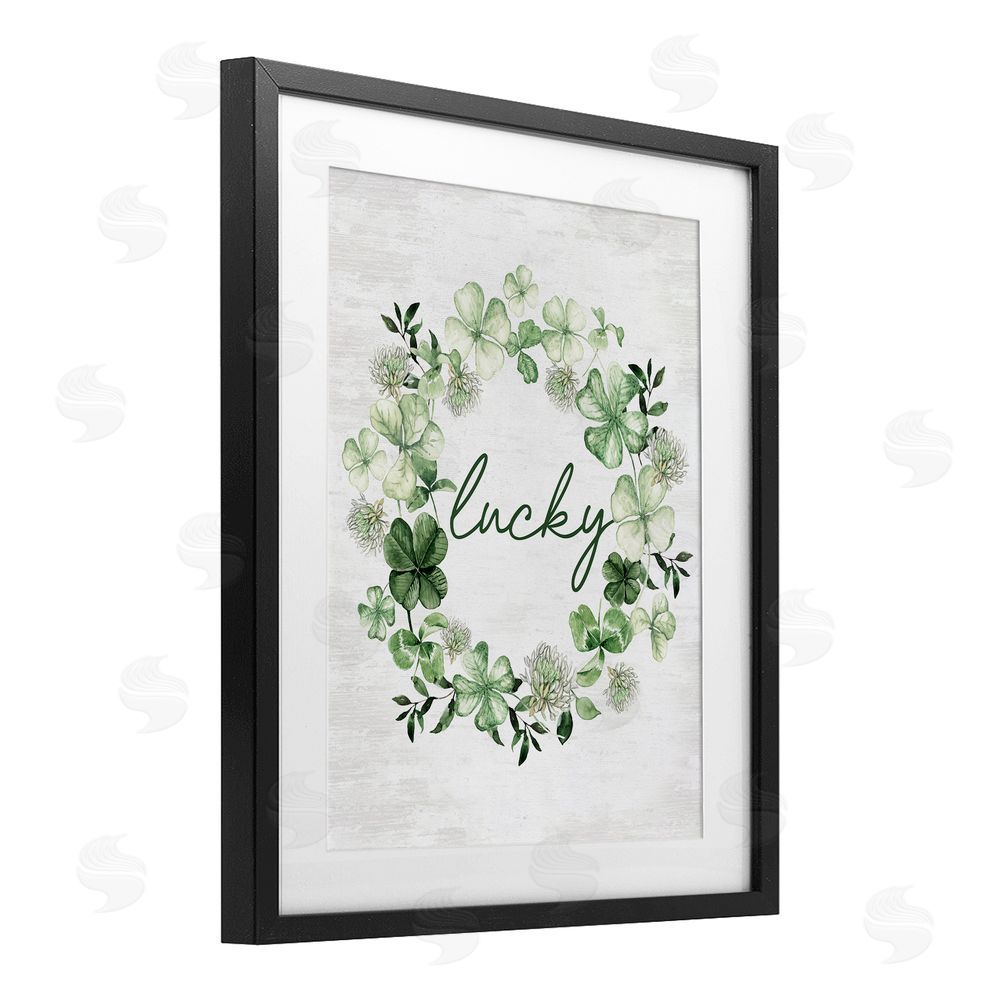 Lettered and Lined Lucky Clovers Botanical Wreath Black Framed Print Under Glass Art