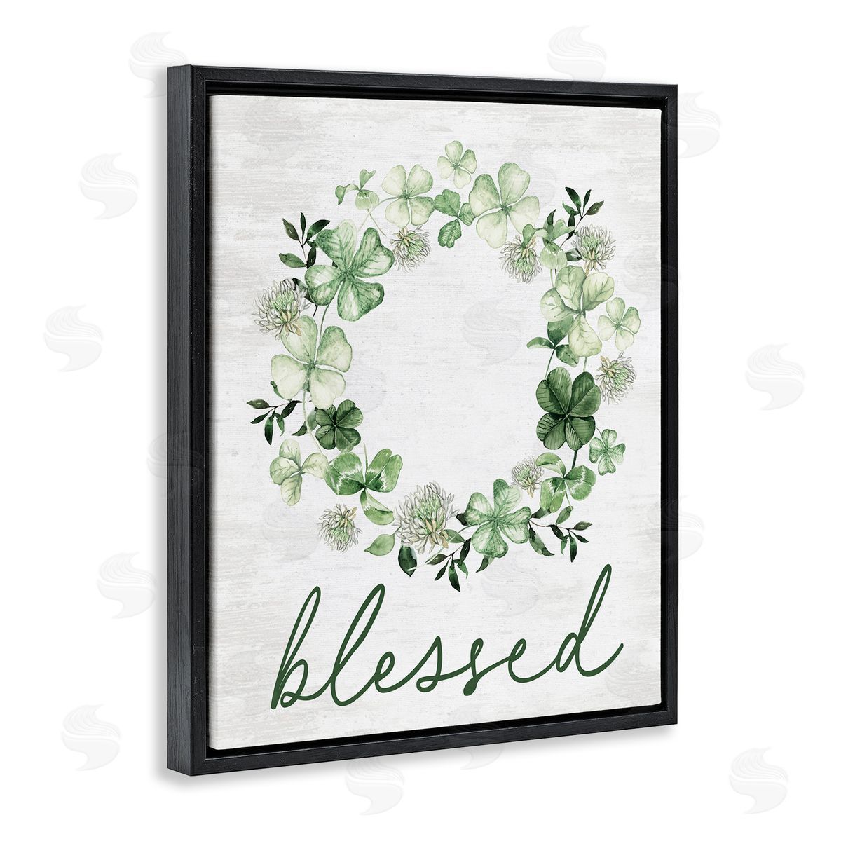 Lettered and Lined Blessed with Spring Clover Wreath Black Floating Frame Canvas Wall Art Print
