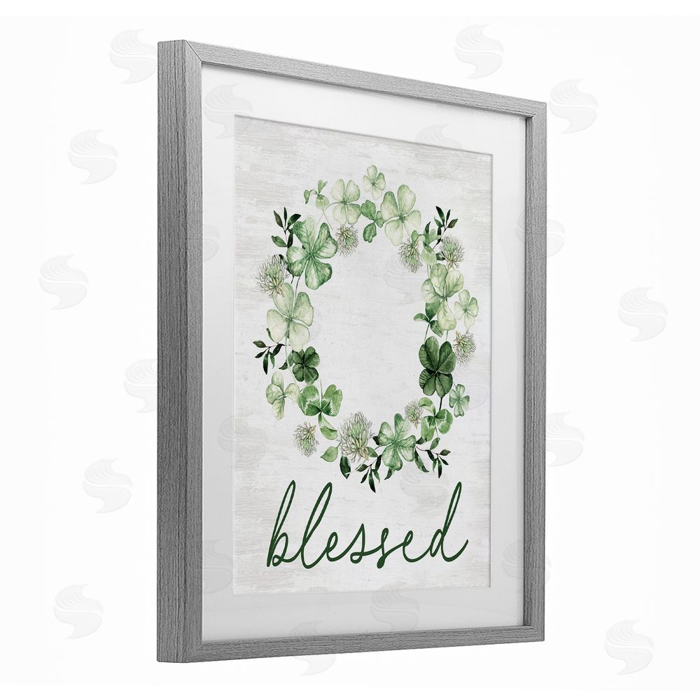 Lettered and Lined Blessed with Spring Clover Wreath Gray Framed Print Under Glass Art