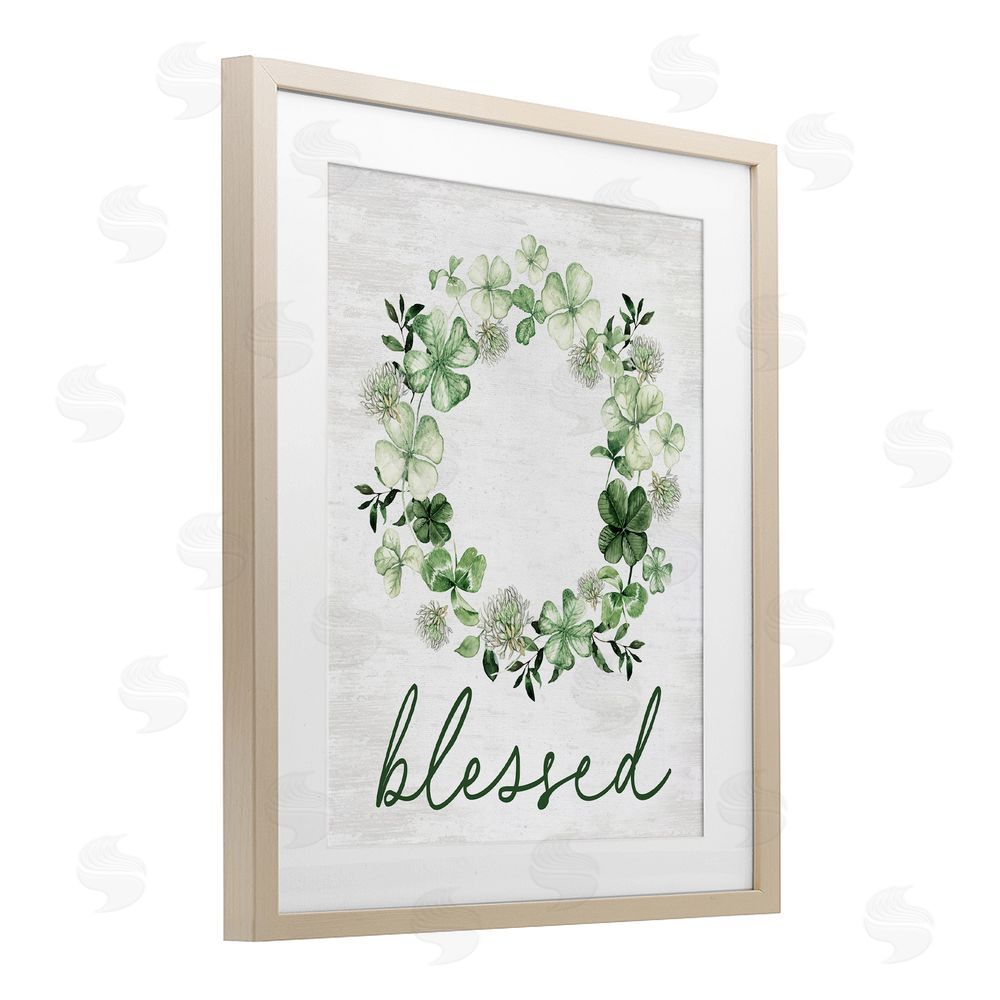 Lettered and Lined Blessed with Spring Clover Wreath Birch Framed Print Under Glass Art