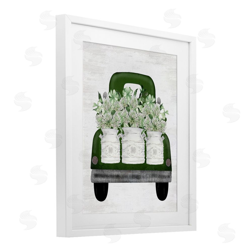Lettered and Lined Spring Shamrock Assortments Truck White Framed Print Under Glass Art