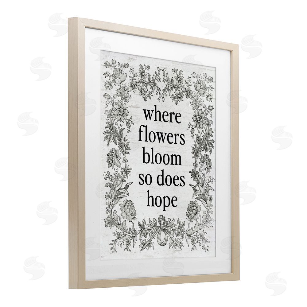 Lettered and Lined Hope Blooms Vintage Border Birch Framed Print Under Glass Art