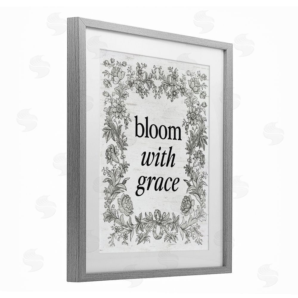 Lettered and Lined Bloom with Grace Vintage Border Gray Framed Print Under Glass Art