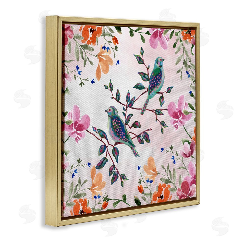 Adonna Ebrahimi Two Birds & Country Florals Gold Floating Frame Canvas Art Print