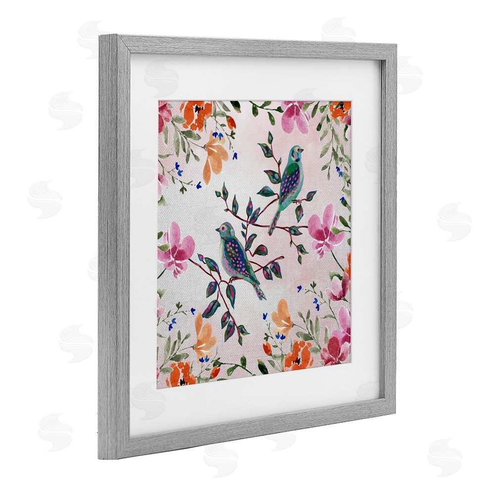 Adonna Ebrahimi Two Birds & Country Florals Gray Framed Print Under Glass Art