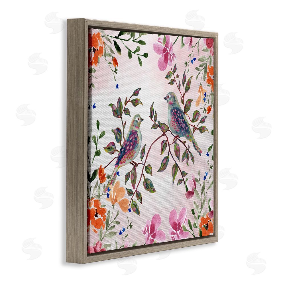 Adonna Ebrahimi Two Birds with Florals Brown Floating Frame Canvas Art Print