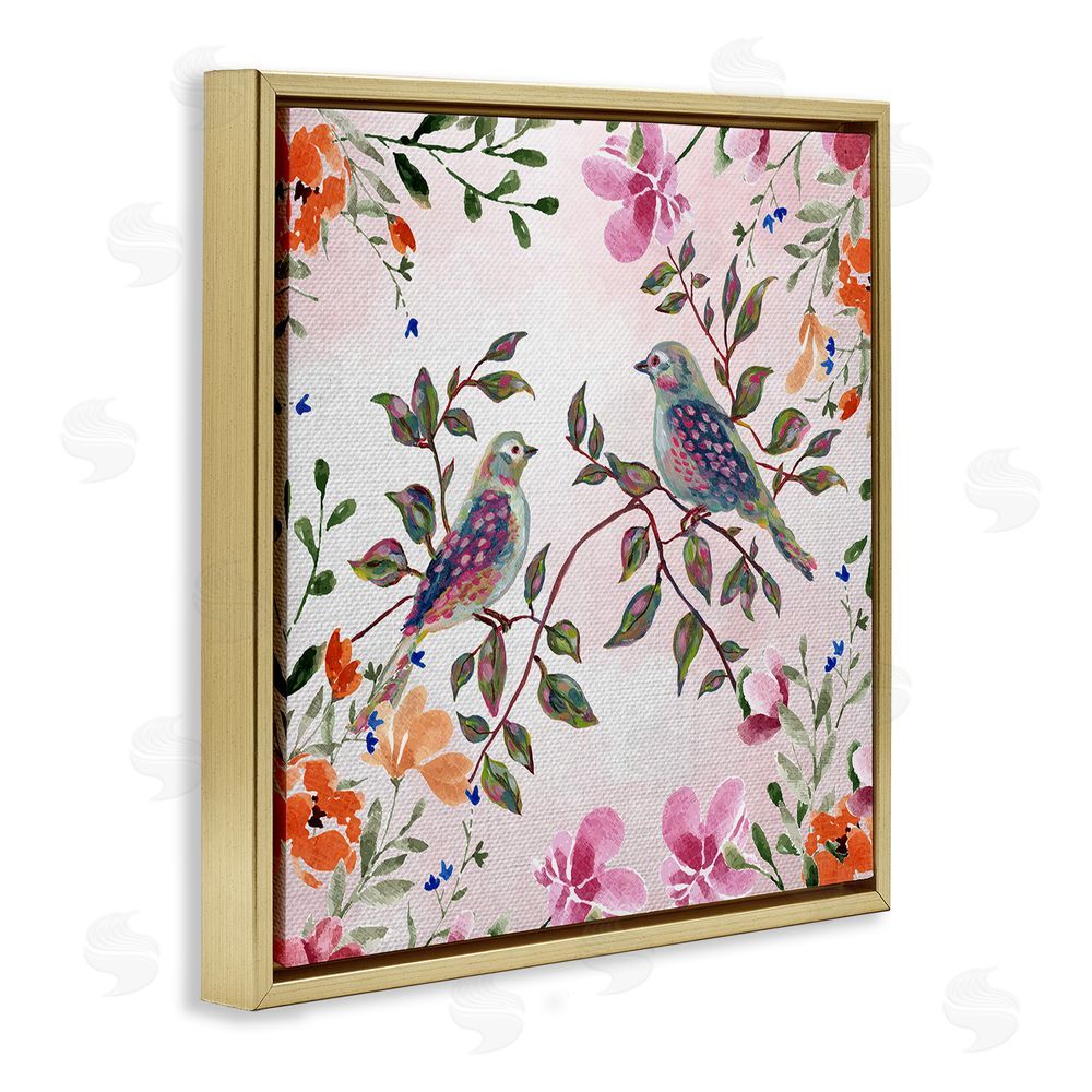 Adonna Ebrahimi Two Birds with Florals Gold Floating Frame Canvas Art Print
