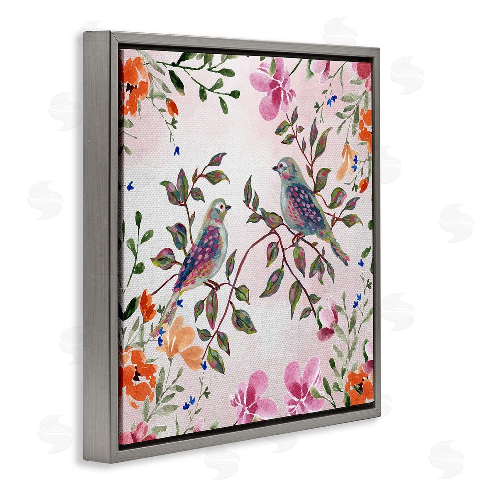 Adonna Ebrahimi Two Birds with Florals Gray Floating Frame Canvas Art Print
