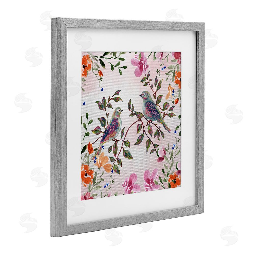 Adonna Ebrahimi Two Birds with Florals Gray Framed Print Under Glass Art