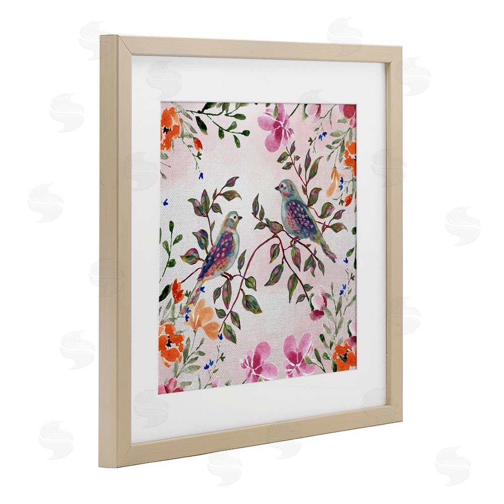 Adonna Ebrahimi Two Birds with Florals Birch Framed Print Under Glass Art