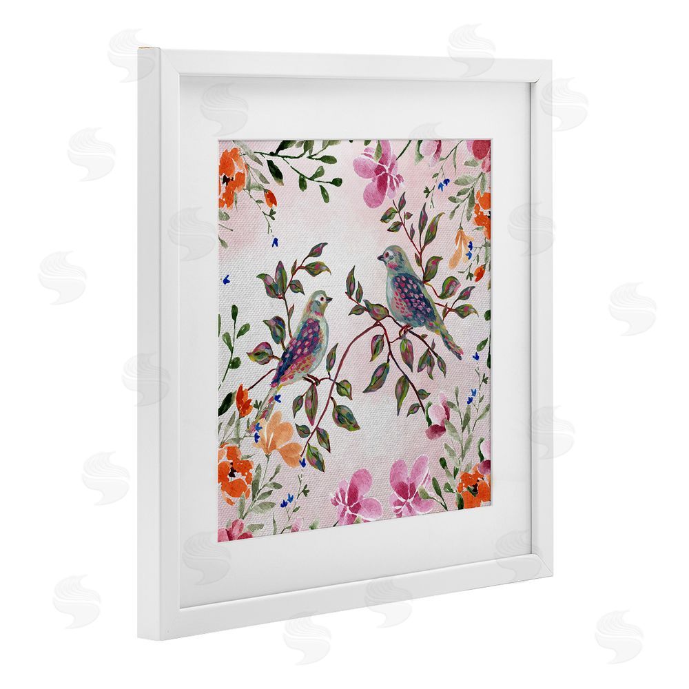 Adonna Ebrahimi Two Birds with Florals White Framed Print Under Glass Art