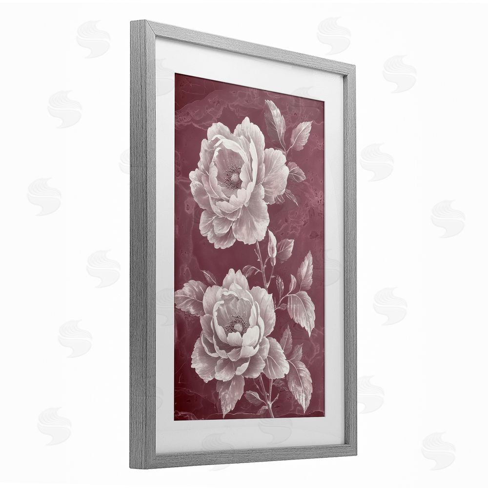 Annabelle Hall Chambermaid Blooms on Maroon Gray Framed Print Under Glass Art