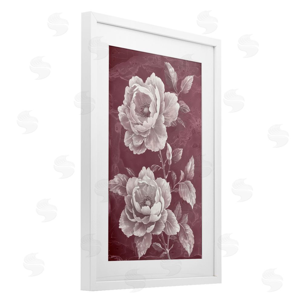 Annabelle Hall Chambermaid Blooms on Maroon White Framed Print Under Glass Art