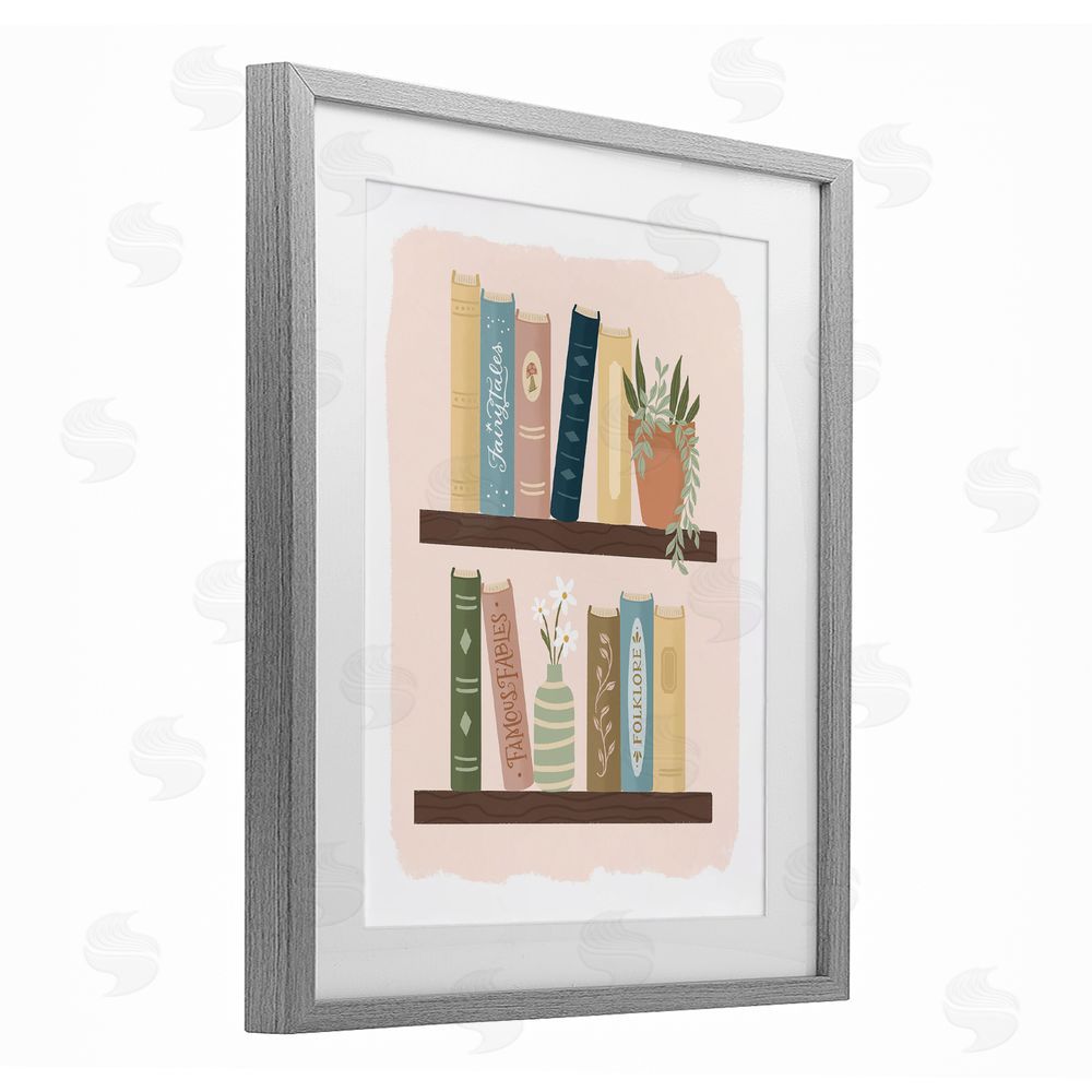Sandra Picco Minimal Bookshelves with Plant Gray Framed Print Under Glass Art