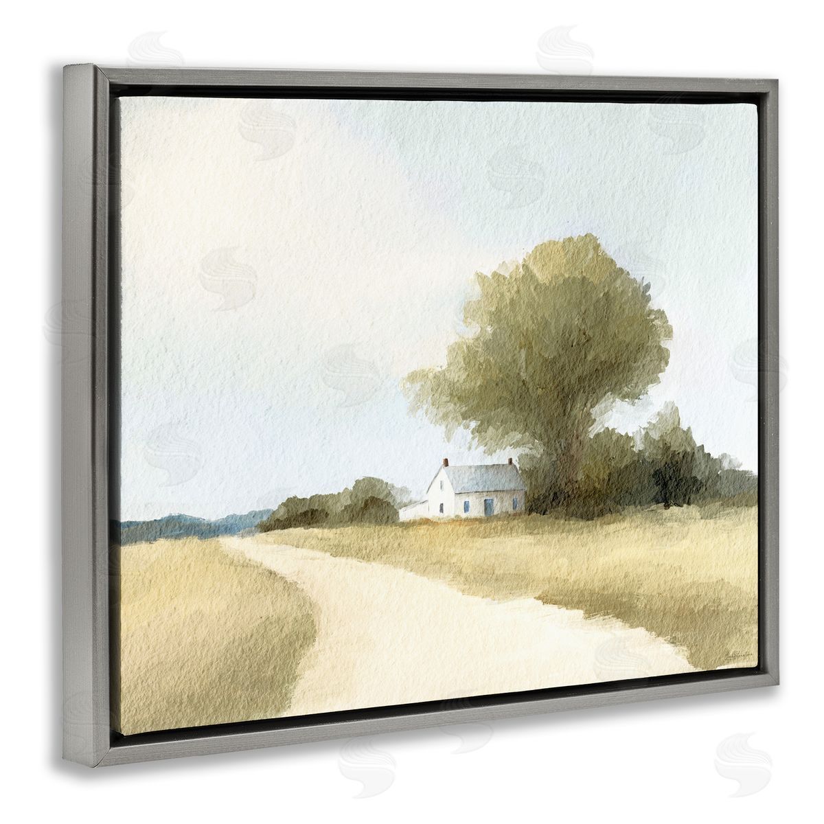Leah Straatsma Farmhouse Road In Distance Gray Floating Frame Canvas Art Print