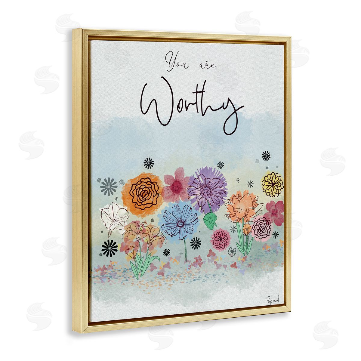 Renel Peters You Are Worthy Modern Blooms Gold Floating Frame Canvas Art Print