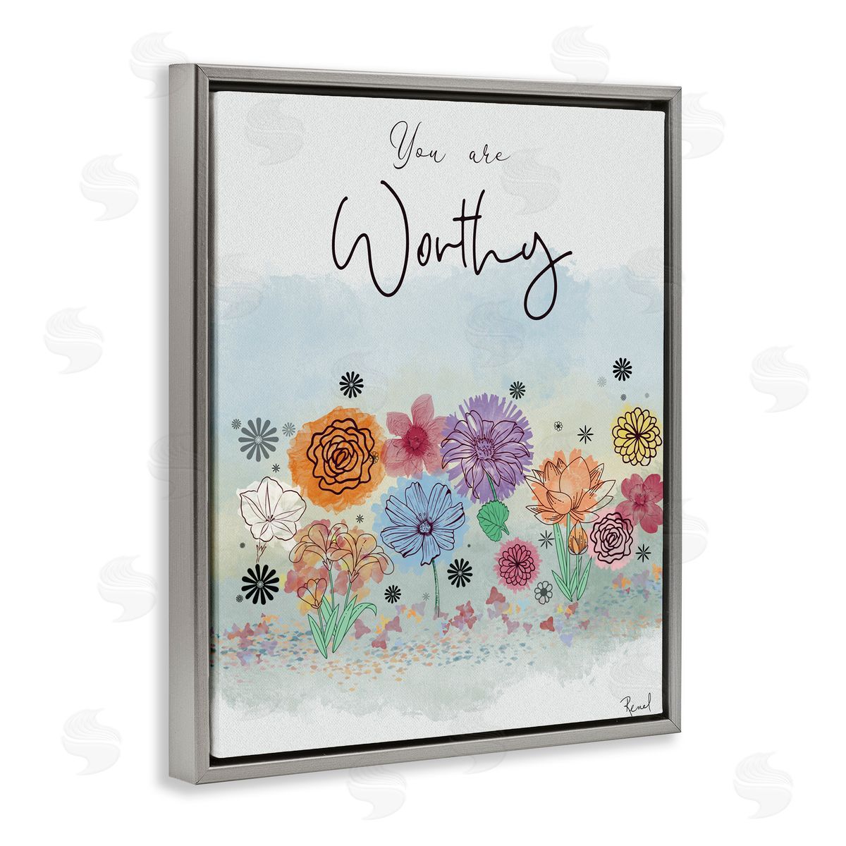 Renel Peters You Are Worthy Modern Blooms Gray Floating Frame Canvas Art Print