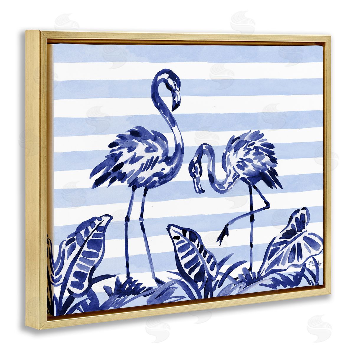 Paul Brent Indigo Brushstroke Flamingos Gold Floating Frame Canvas Art Print