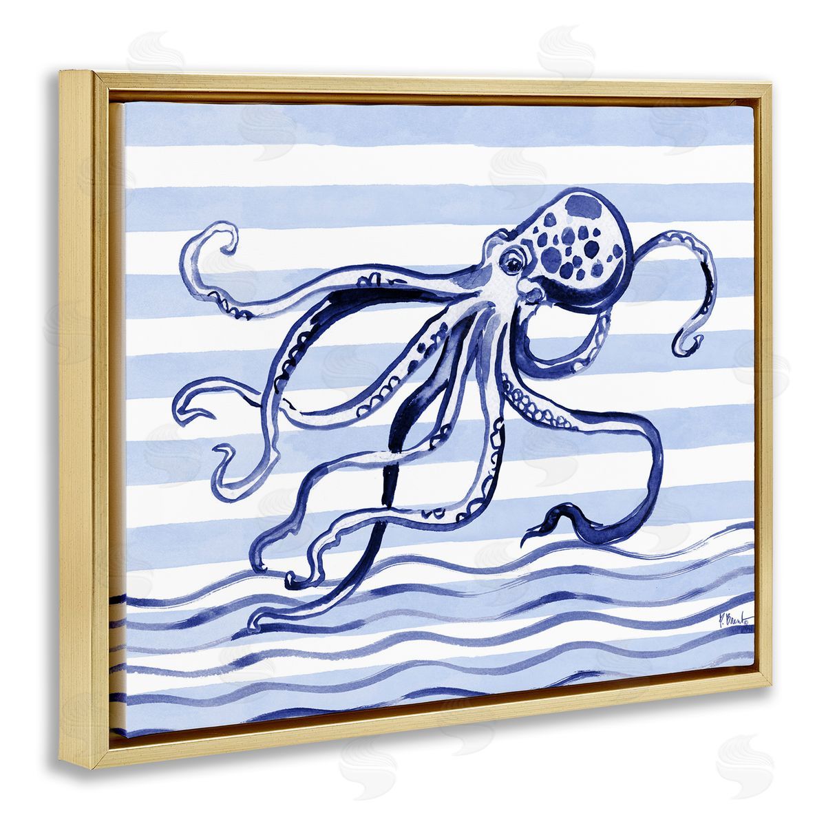 Paul Brent Indigo Brushstroke Octopus Gold Floating Frame Canvas Art Print
