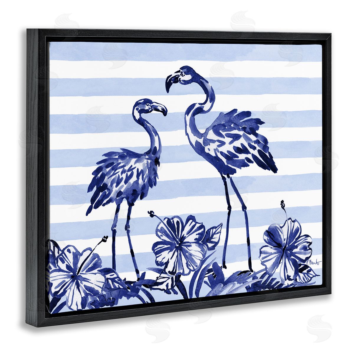 Paul Brent Indigo Flamingos over Stripes Black Floating Frame Canvas Wall Art Print