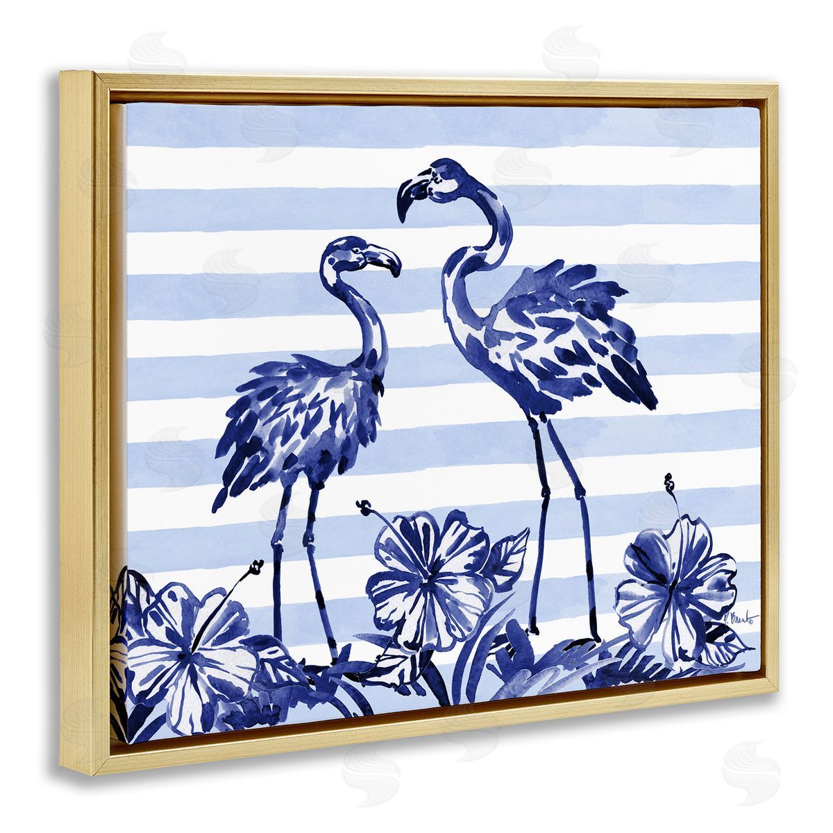 Paul Brent Indigo Flamingos over Stripes Gold Floating Frame Canvas Art Print