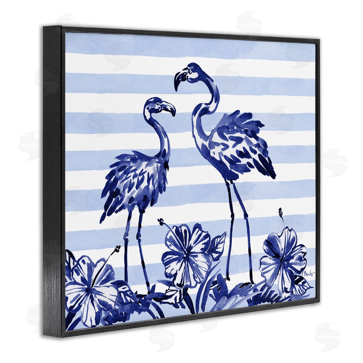 Paul Brent Indigo Flamingos over Stripes Black Framed Giclee Art Print