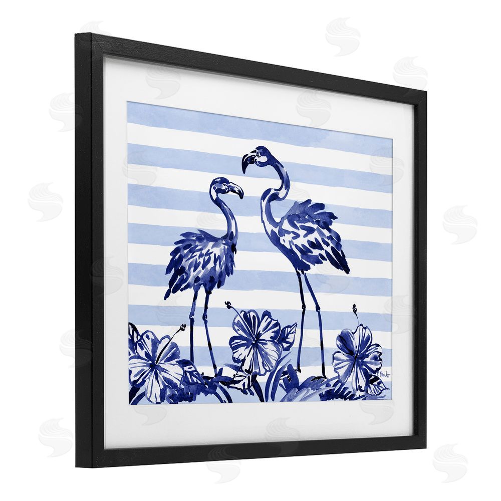 Paul Brent Indigo Flamingos over Stripes Black Framed Print Under Glass Art