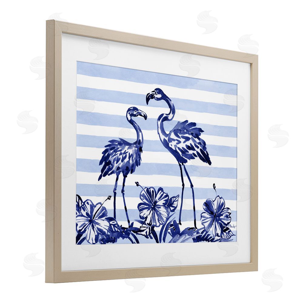 Paul Brent Indigo Flamingos over Stripes Birch Framed Print Under Glass Art