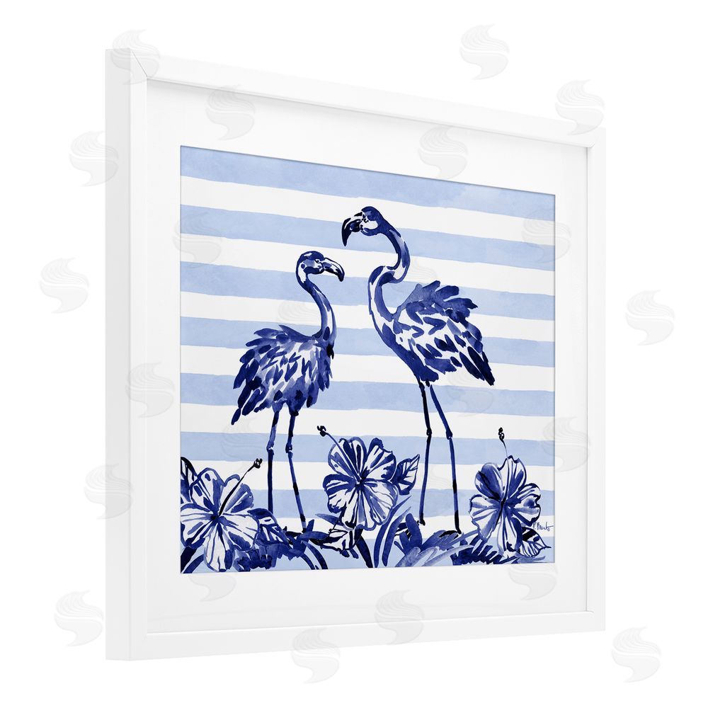 Paul Brent Indigo Flamingos over Stripes White Framed Print Under Glass Art