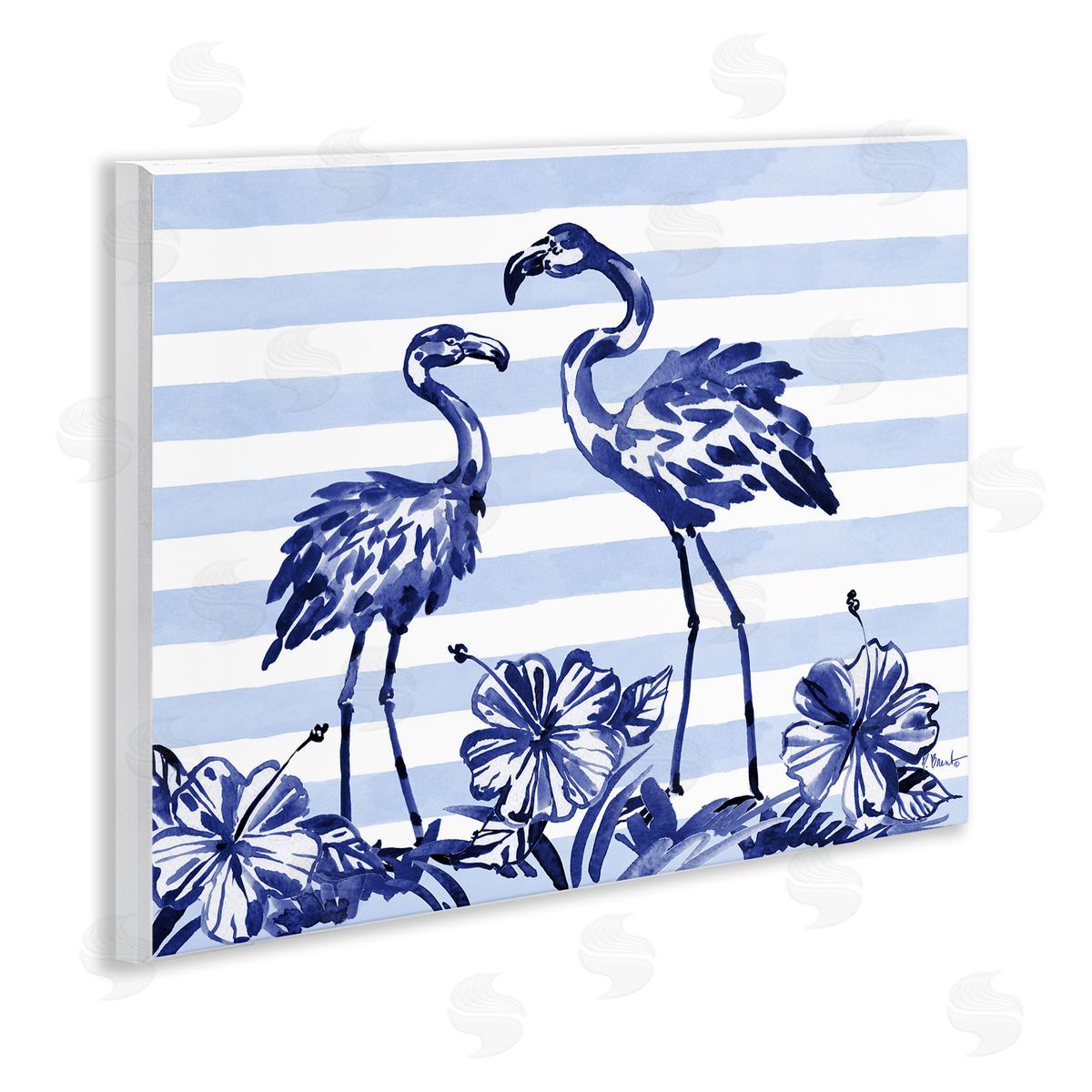 Paul Brent Indigo Flamingos over Stripes Wall Plaque Art Print