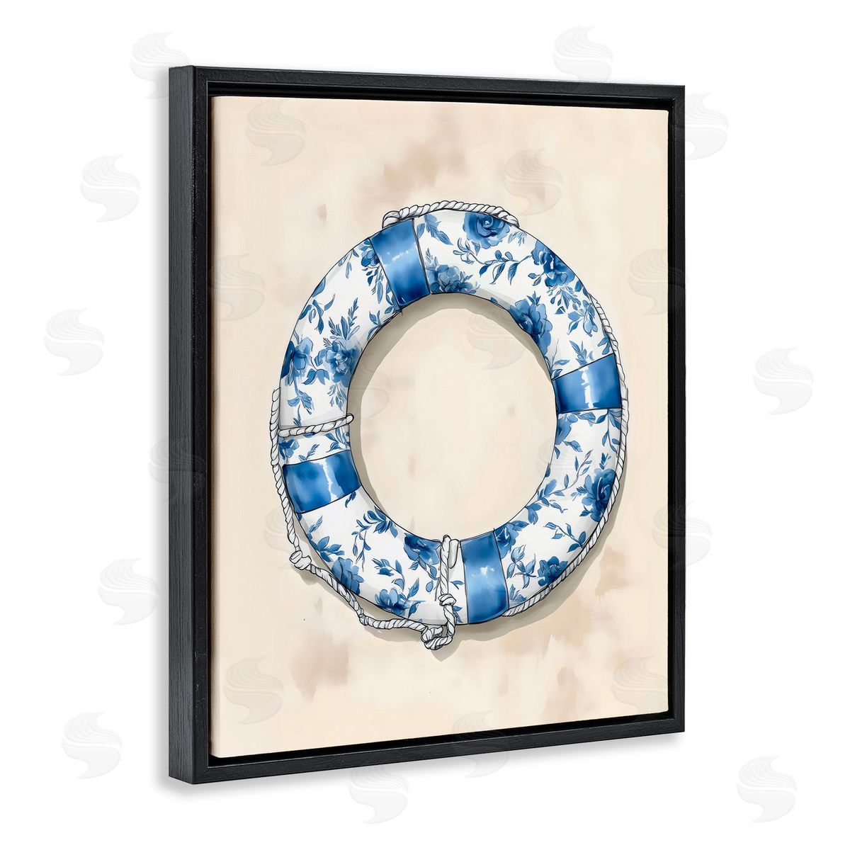 Arlington Prints Blue Floral Life Preserver Black Floating Frame Canvas Wall Art Print