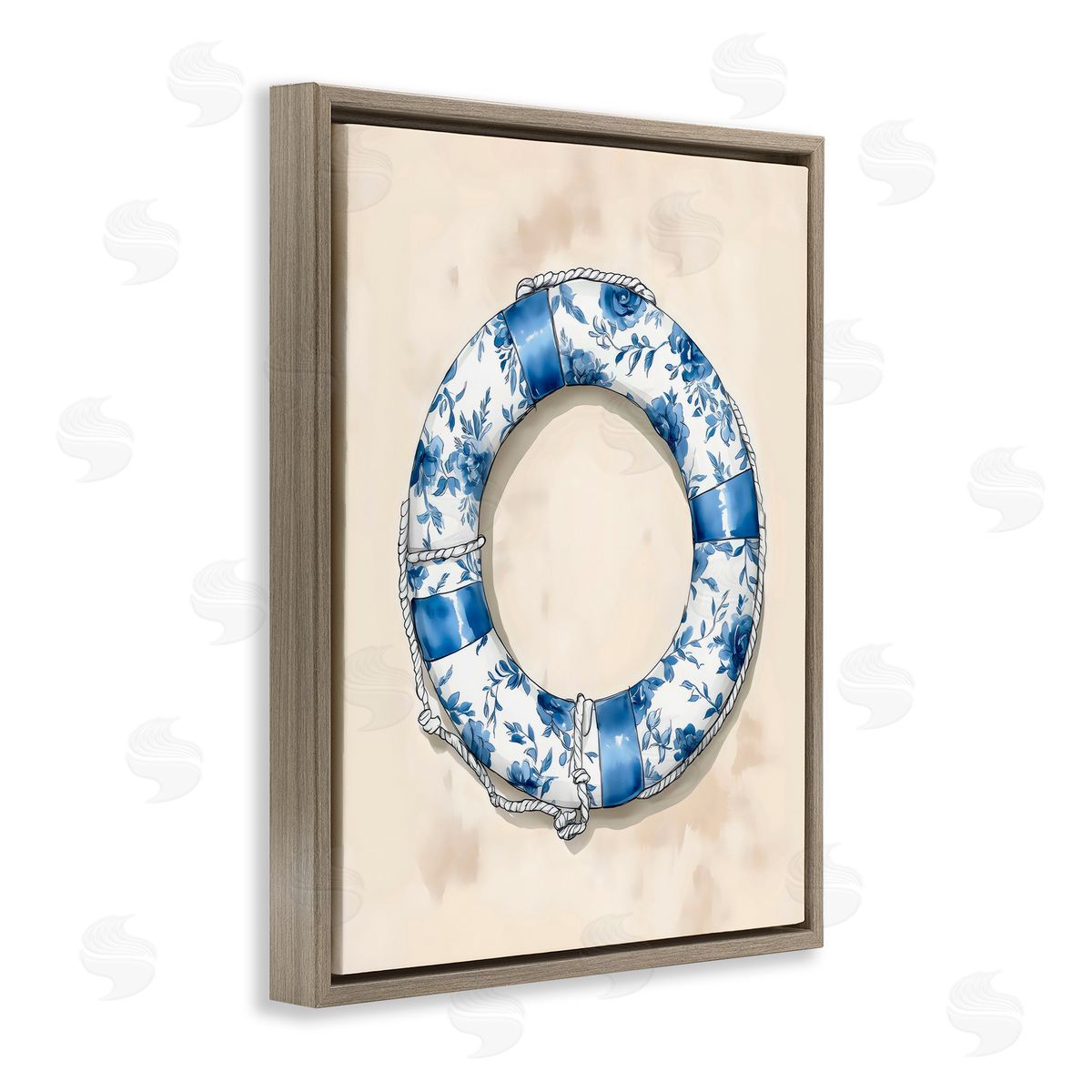 Arlington Prints Blue Floral Life Preserver Brown Floating Frame Canvas Art Print