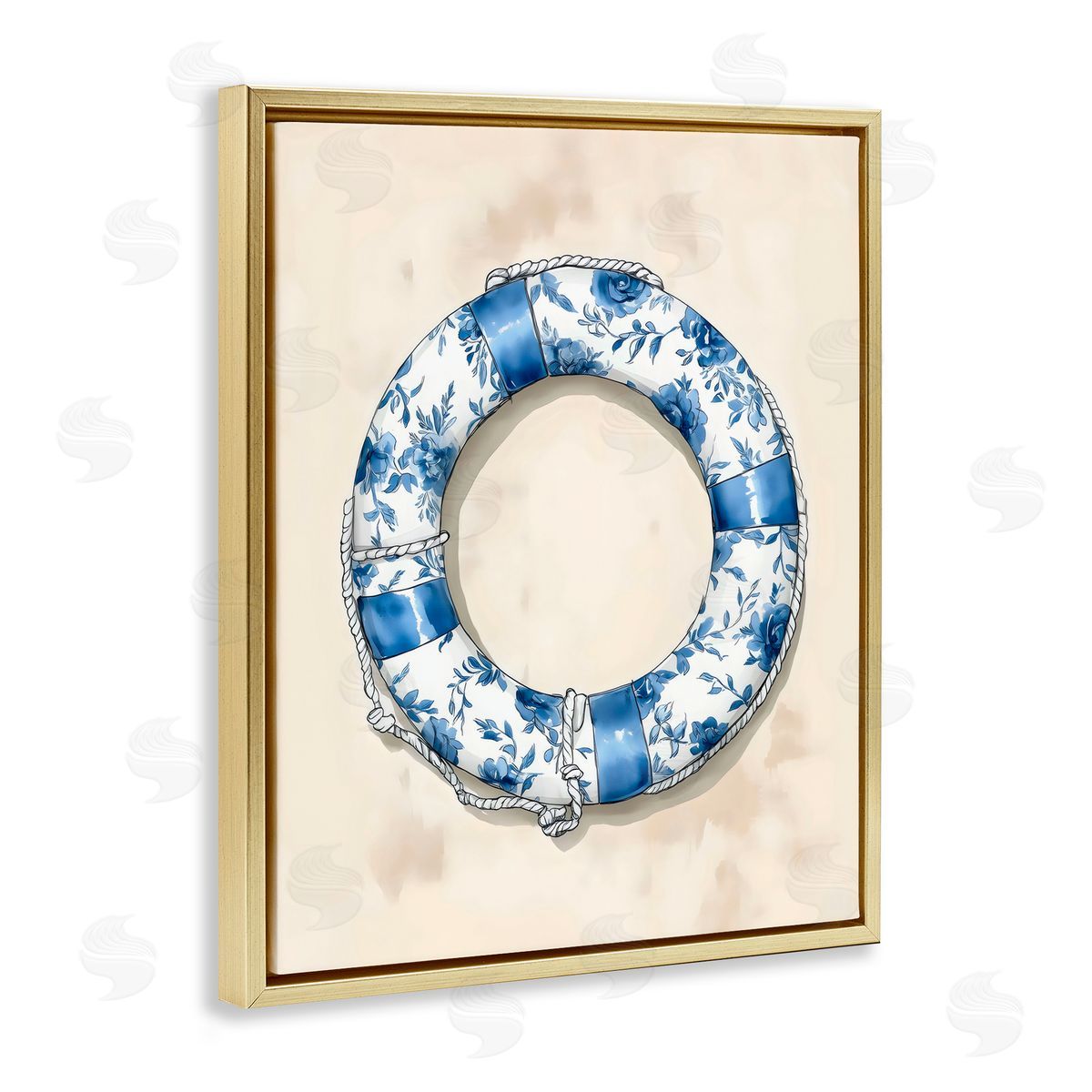 Arlington Prints Blue Floral Life Preserver Gold Floating Frame Canvas Art Print
