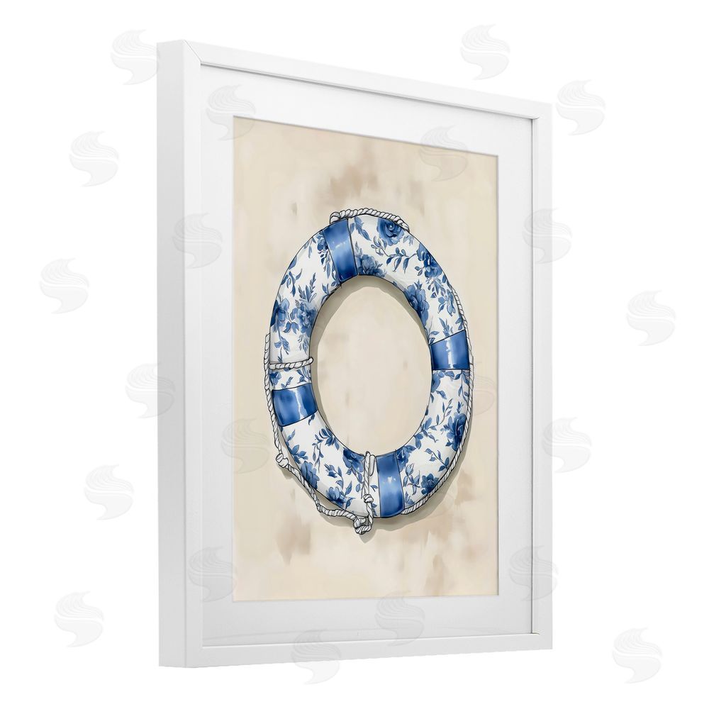 Arlington Prints Blue Floral Life Preserver White Framed Print Under Glass Art