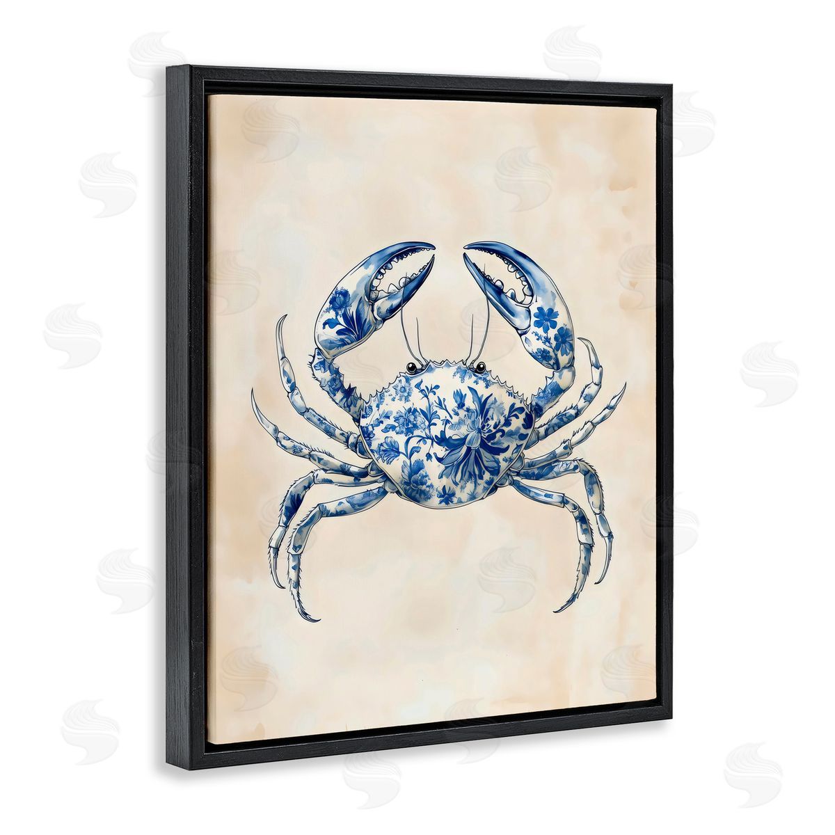 Arlington Prints Blue Floral Crab Black Floating Frame Canvas Wall Art Print