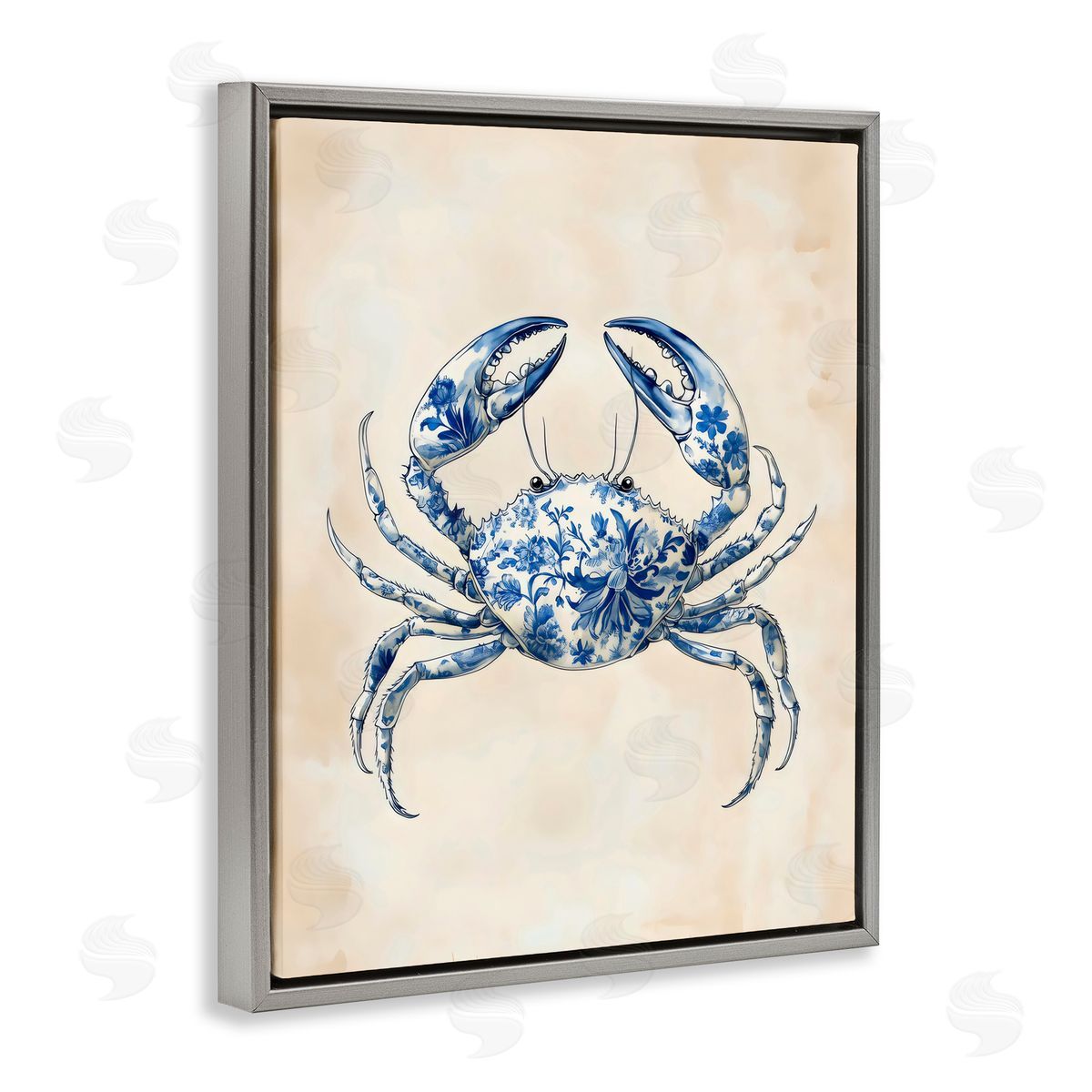 Arlington Prints Blue Floral Crab Gray Floating Frame Canvas Art Print