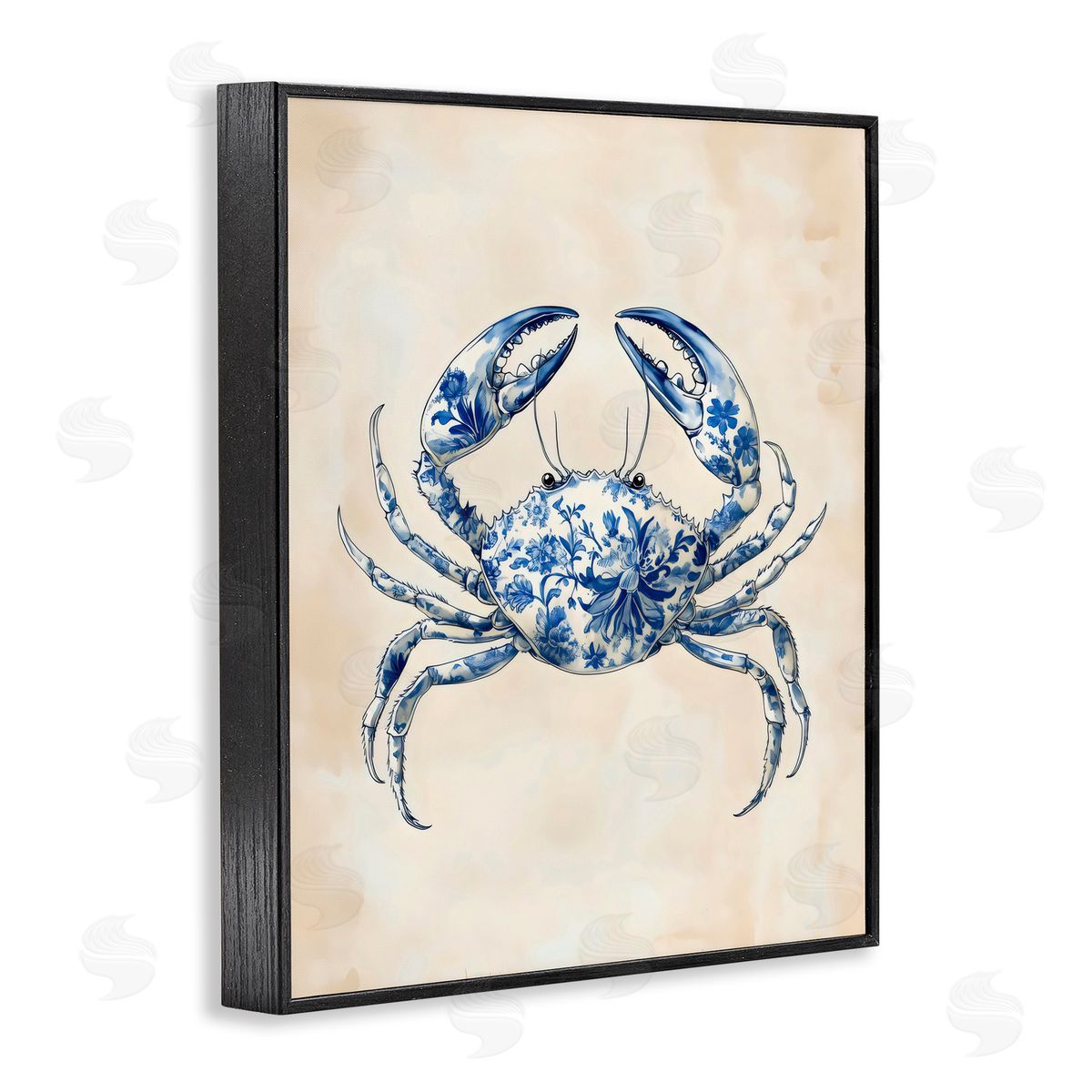 Arlington Prints Blue Floral Crab Black Framed Giclee Art Print