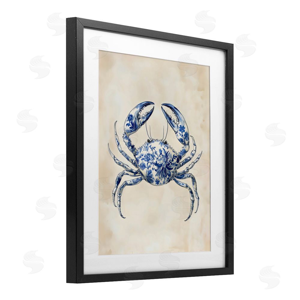 Arlington Prints Blue Floral Crab Black Framed Print Under Glass Art