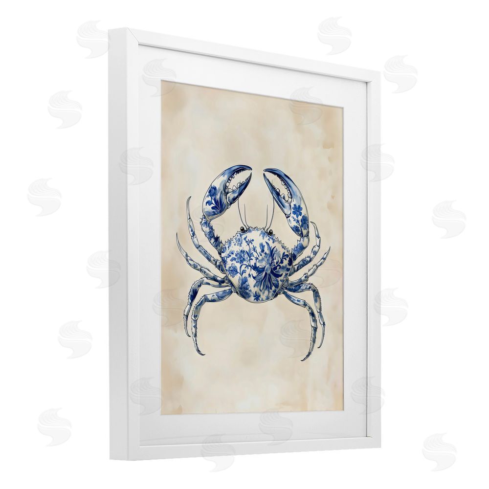 Arlington Prints Blue Floral Crab White Framed Print Under Glass Art