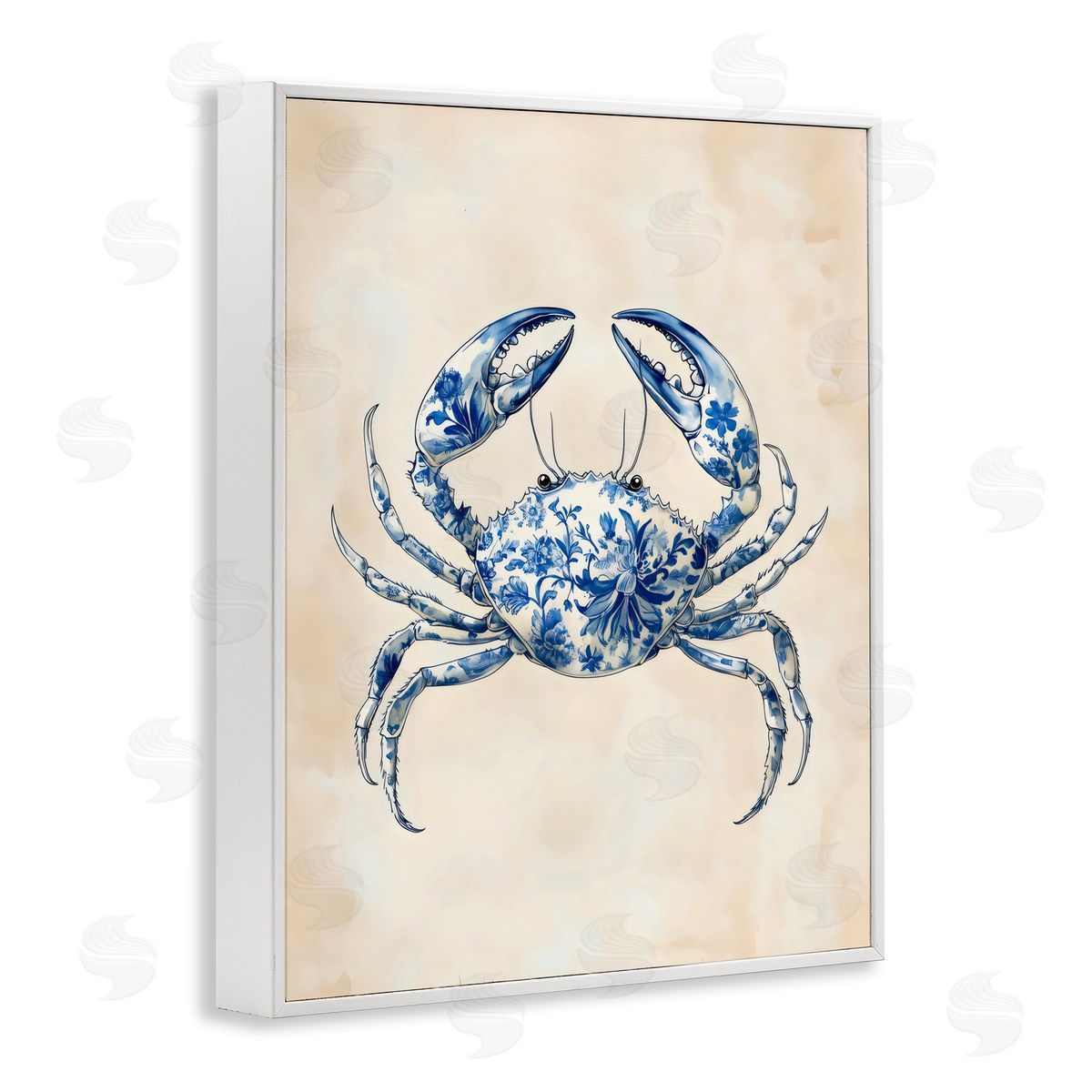 Arlington Prints Blue Floral Crab White Frame Giclee Art Print