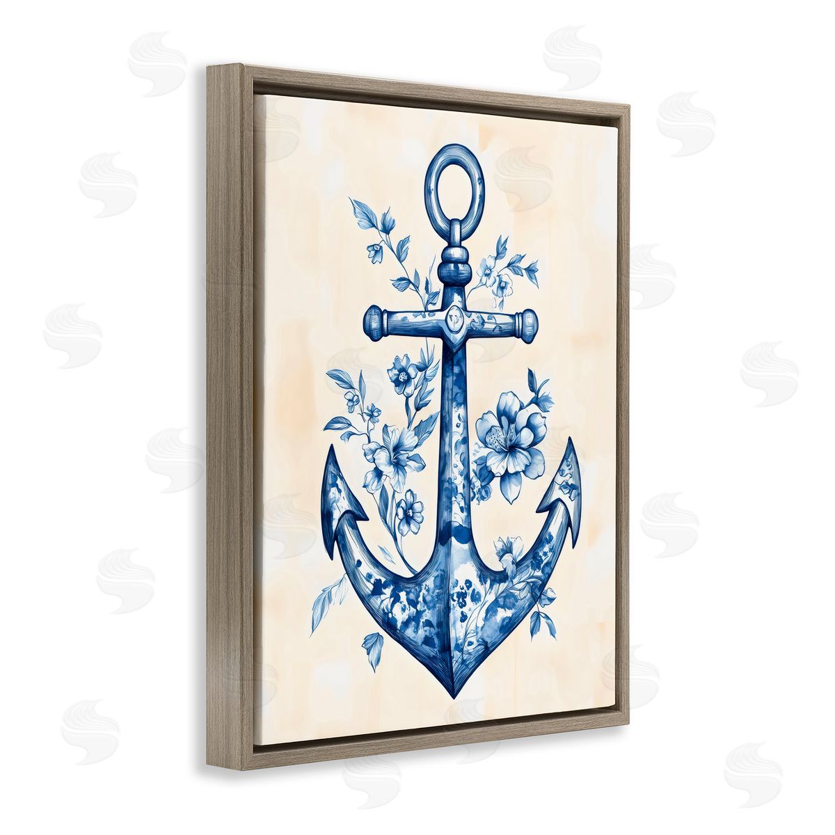 Arlington Prints Blue Floral Life Anchor Brown Floating Frame Canvas Art Print