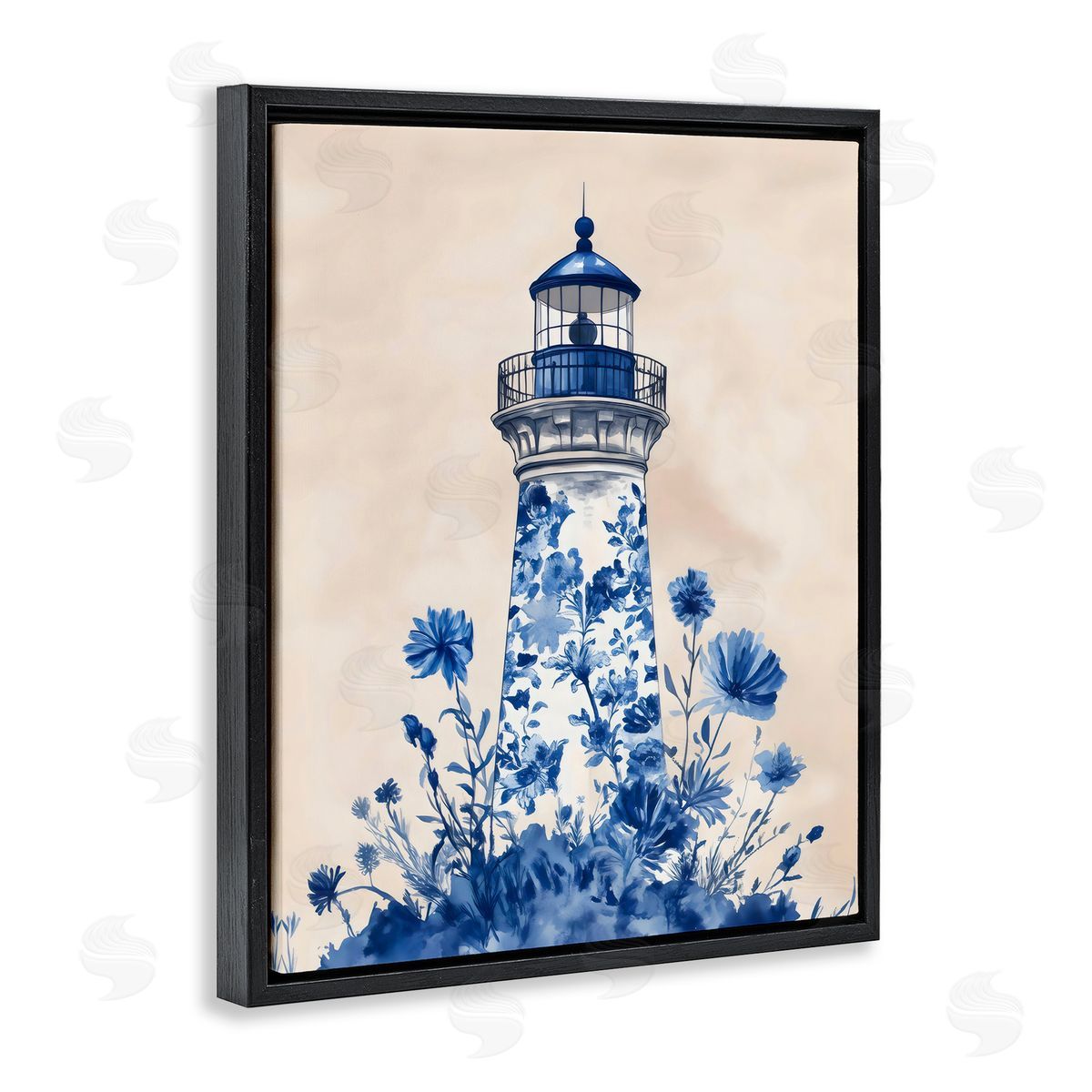 Arlington Prints Blue Floral Lighthouse Black Floating Frame Canvas Wall Art Print