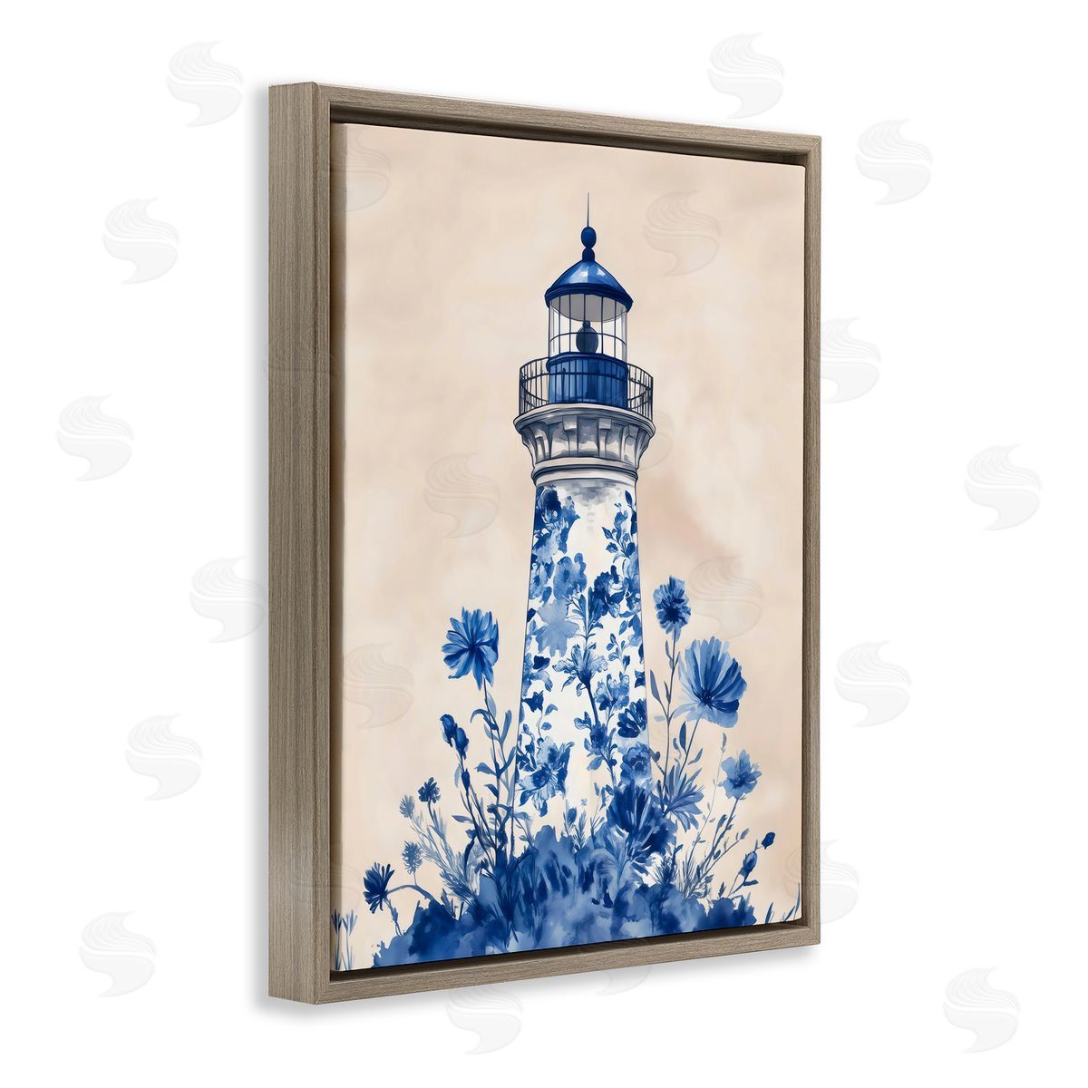 Arlington Prints Blue Floral Lighthouse Brown Floating Frame Canvas Art Print