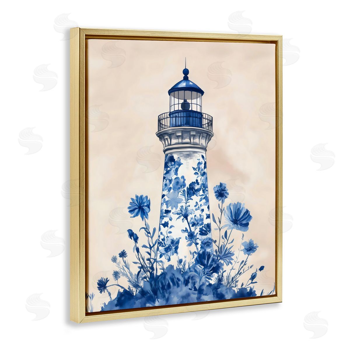 Arlington Prints Blue Floral Lighthouse Gold Floating Frame Canvas Art Print