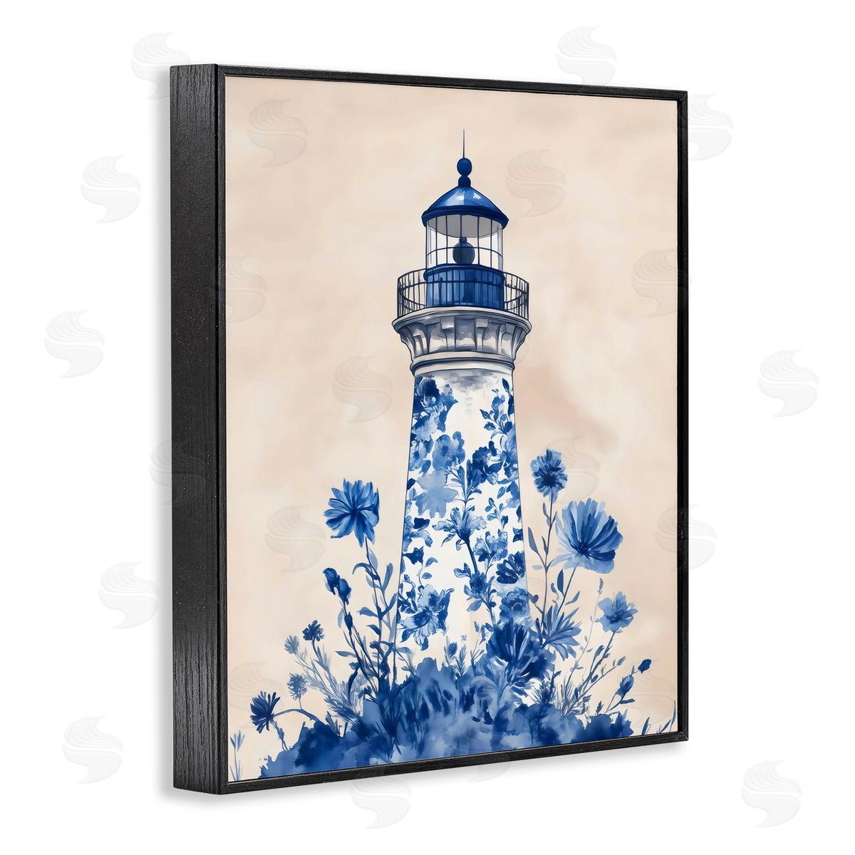 Arlington Prints Blue Floral Lighthouse Black Framed Giclee Art Print