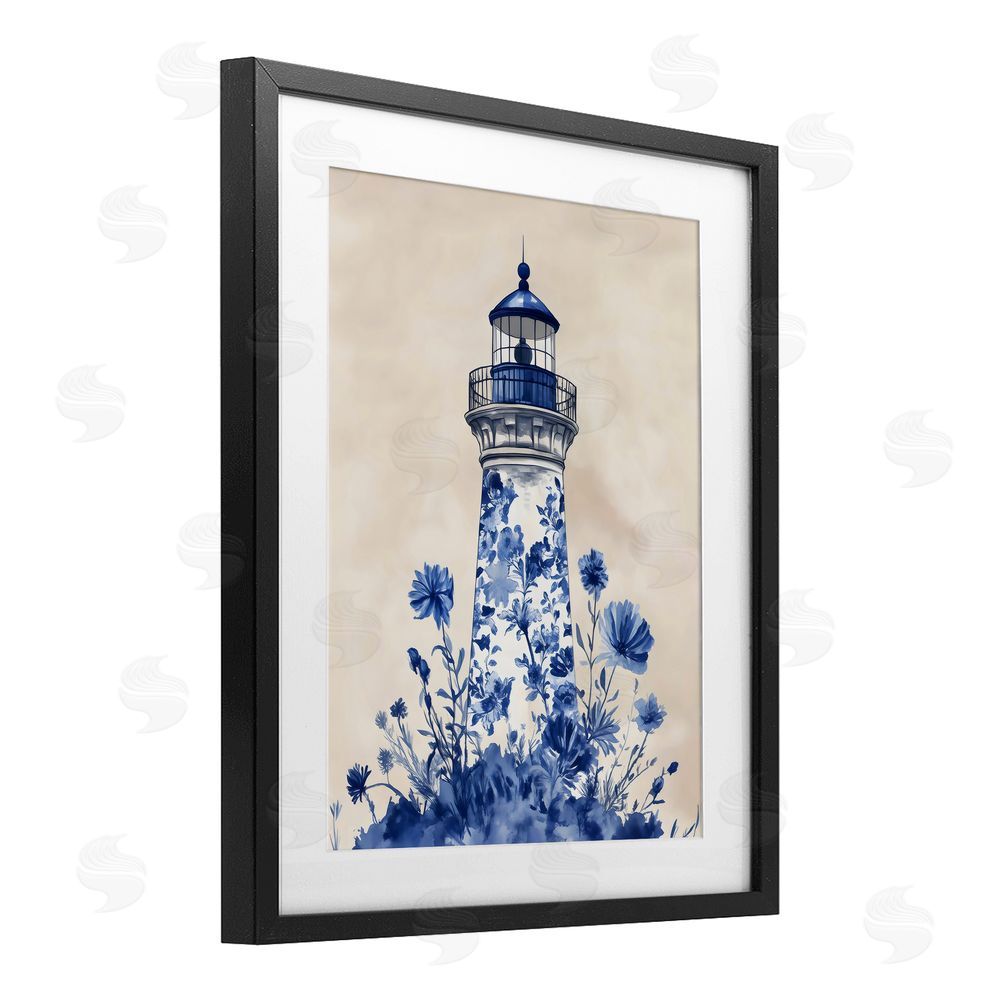 Arlington Prints Blue Floral Lighthouse Black Framed Print Under Glass Art
