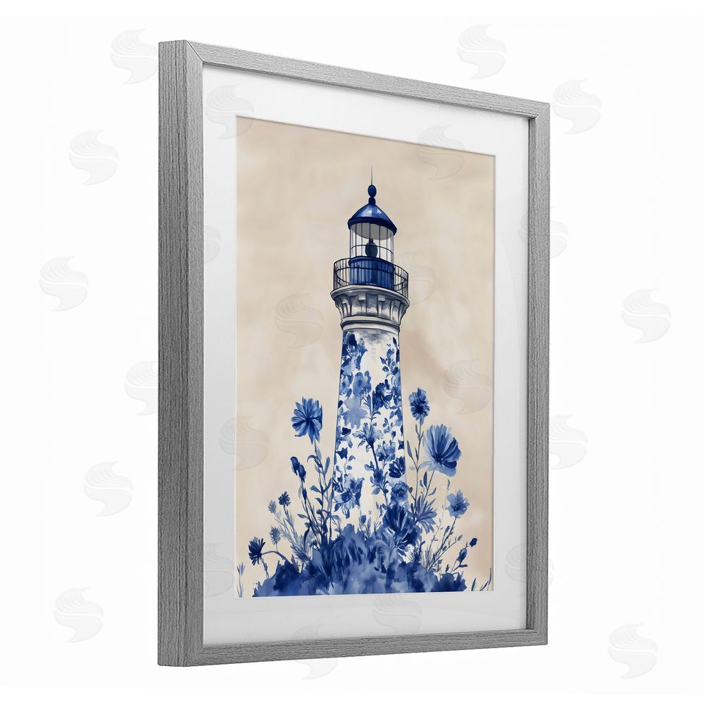 Arlington Prints Blue Floral Lighthouse Gray Framed Print Under Glass Art