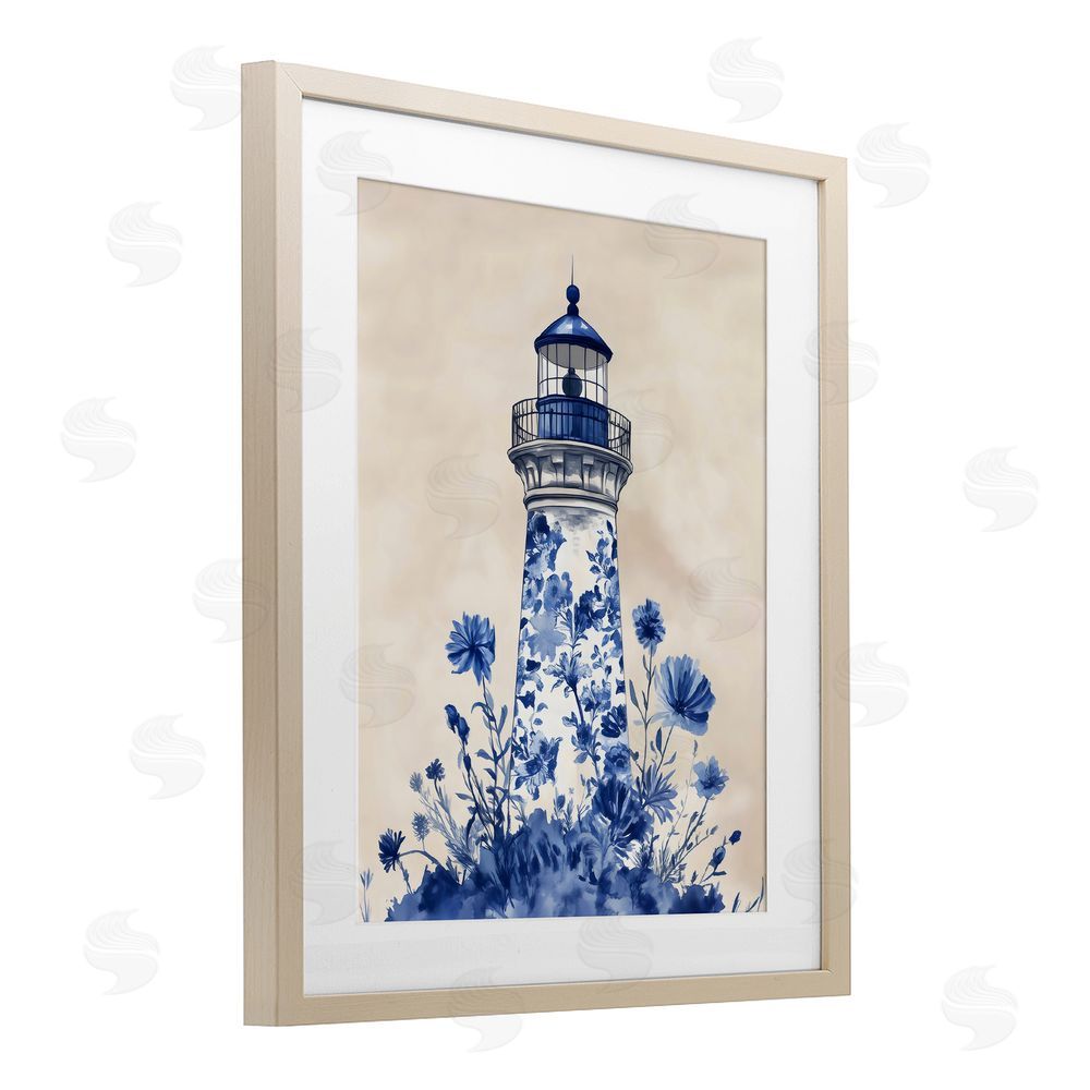 Arlington Prints Blue Floral Lighthouse Birch Framed Print Under Glass Art