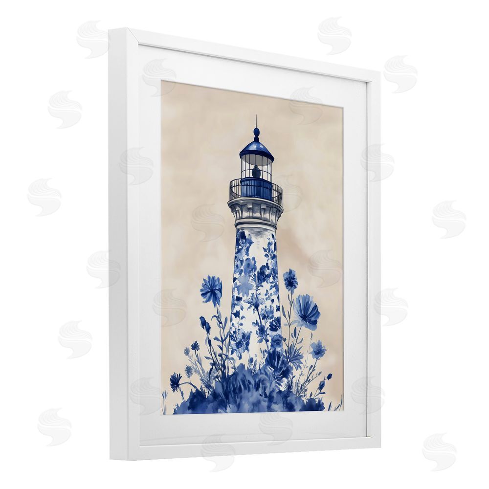 Arlington Prints Blue Floral Lighthouse White Framed Print Under Glass Art